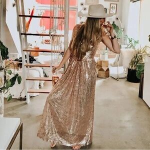 Kate Kasin Women V Neck Cocktail Party  Deep V Neck Long Maxi Dresses Rose Gold